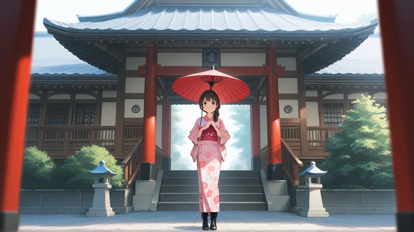 Girl turned around, clothing sample, cute, smiling, colored contacts in the eyes, accessories, full body, walking, summer, kyoto, kinkakuji
