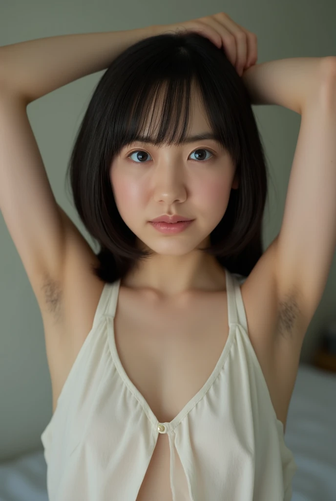(Small Tits), (Age 25), (very small head), dawn, sunlight, (Perfect body:1.1), (8k), (Very delicate and beautiful), (Highest quality:1.0), (Realistic), Realistic Shadows, (High resolution:1.0), Detailed skin, Very detailed, the body is slim, (Beautiful Hair, Real Hair, Thinning hair), blush, Realistic, Realistic Face, Realistic eyes, Small eyes, smile, (eyeliner), (mascara), (eye shadow), whole body、Open leg pose、Nipples、naked、Thick pubic hair、ponytail、The background is a white wall、smile