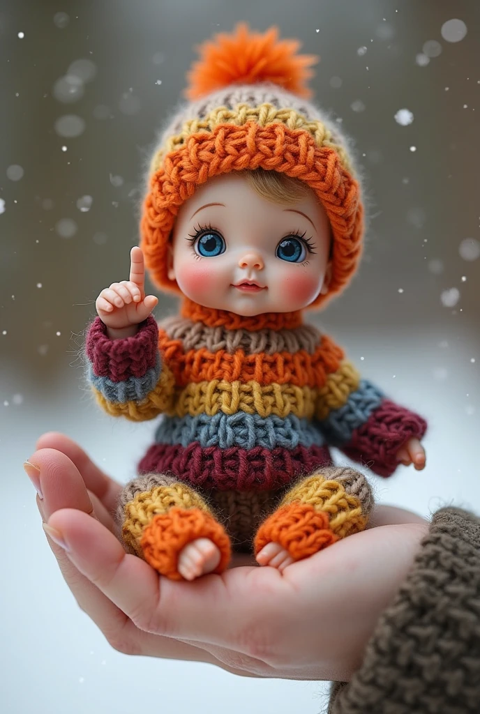 An image of a parent struggling with a pile of winter clothing, looking overwhelmed, surrounded by layers of baby clothing (scarves, mittens, hats, etc.).
