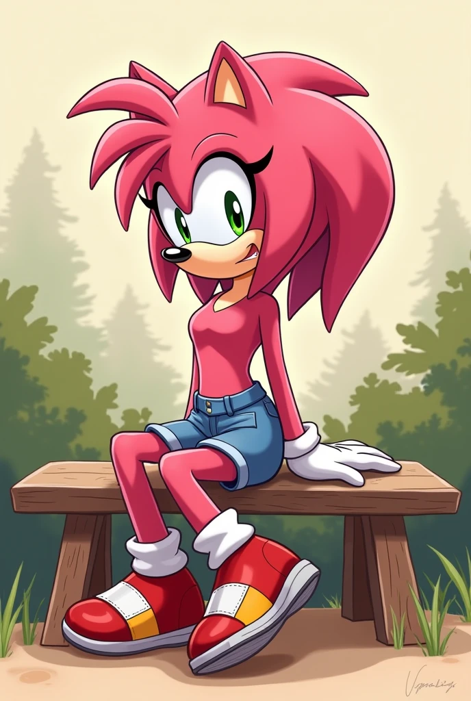 [Amy Rose], [sonic the hedgehog \(series\)], [Uploaded to e621.net; (Pixelsketcher), (twistedterra), (napalm_express)], ((masterpiece)), ((solo portrait)), ((front view)), ((full body)), ((detailed fur)), ((detailed shading)), ((beautiful render art)), ((intricate details)), {anthro, (pink fur), black nose, animal ears, cute green eyes, short hair, red headband, short tail, (beautiful legs), (beautiful paw feet), (excited smile), (mouth open), (came toe)}, {(short red half-back dress white lining), (red pencil skirt), (black waist belt), (silver belt-buckle)}, {(sitting on picnic blanket), (arms behind back), (upskirt white panties), (legs spread open), (looking ahead)}, [background; (park), (trees), (blue sky), (sun rays)]