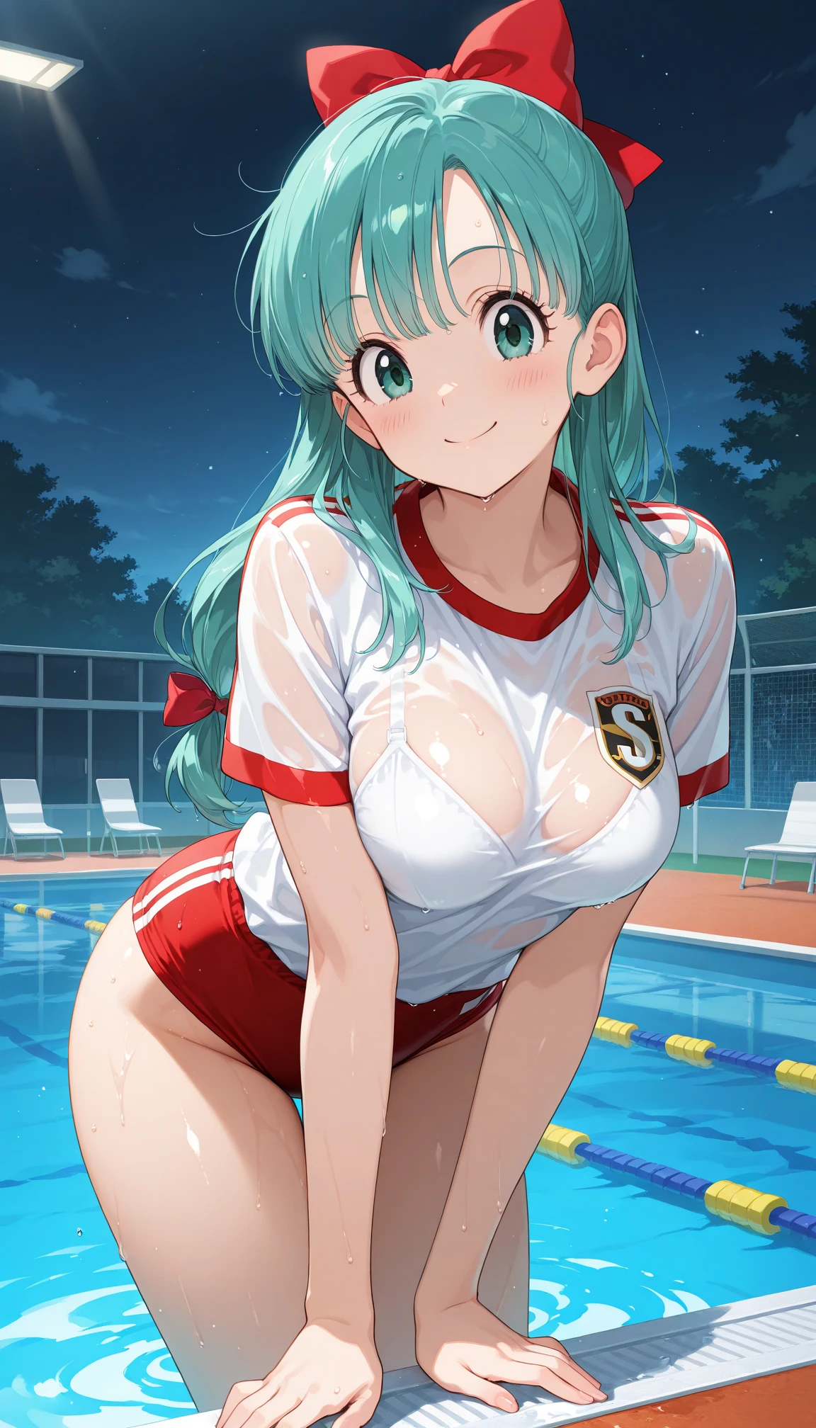 1 lady, HD quality, anime, solo full body shot, beautiful detailed face, (sitting with hands back:1.3), (open legs to limit:1.3), (with one knee up:1.3), (showing pubic area:1.6), (under boob:1.5), (Large breasts), (cleavage), shiny skin, (oiled skin:1.5), smiling, (thin thighs:1.8), (Sailor uniform only for the upper body:1.5), (Crop Top sheer white shirt:1.5), (sleeveless:1.6), without brassiere, (sheer white tiny micro thong:1.5), poolside, (Green detailed eyes), blue sailor collar, high-heeled shoes, red ribbon tie