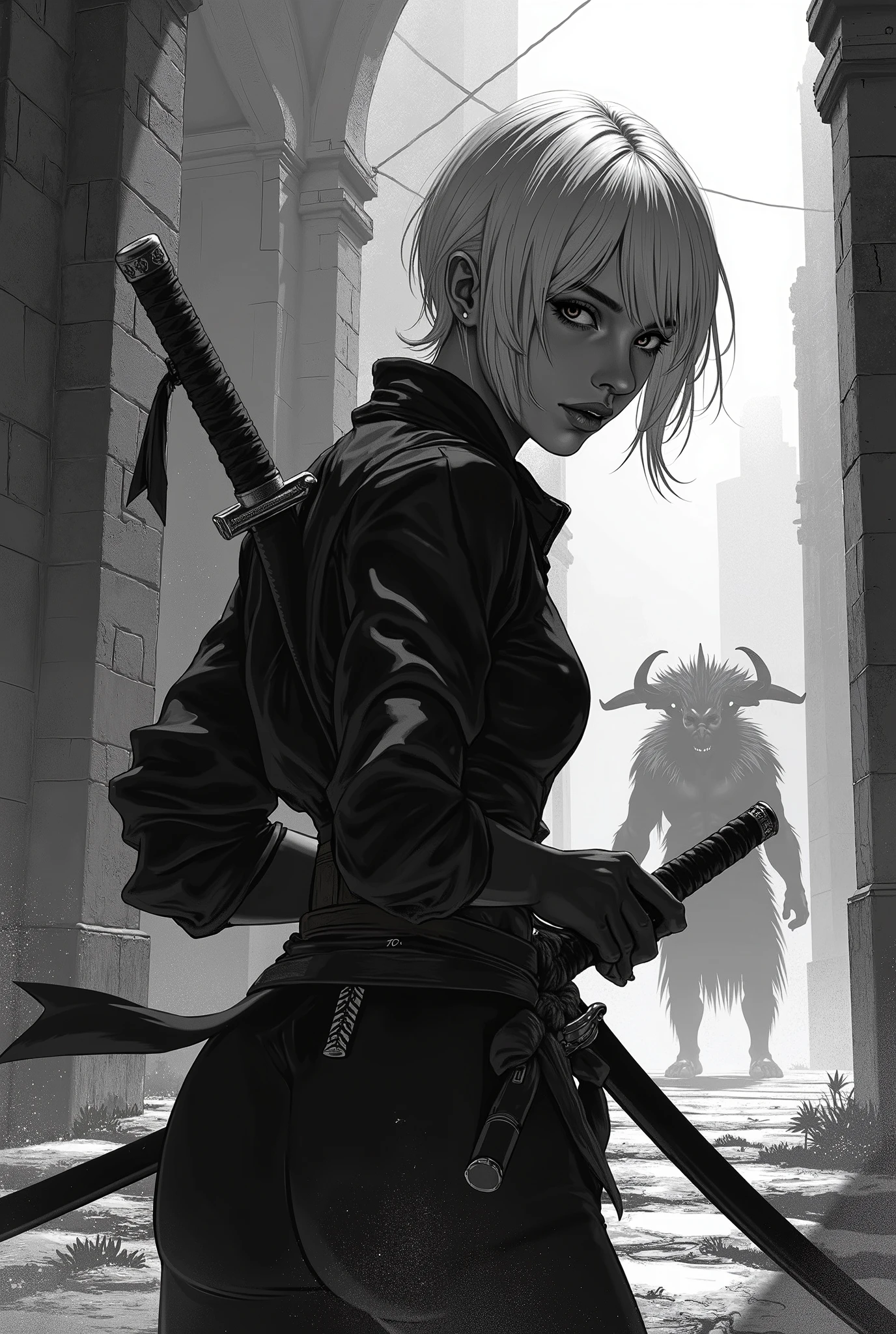 manga cтиль,black and white manga, ((gorgeous Russian girl (Scarlett Johansson) with big eyes and a short pixie haircut, etc,triple cute,thoughtful)).Big eyes, sexy,manga,realism,black and white image,manga style drawing,cute girl,in ninja attire with a katana in hands(holding a katana in hands) ,light hair,, sexy, skinny,girl,Russian ,wet skin and hair , manga cтиль ,(((walking in a minotaur labyrinth, a huge minotaur is visible in the distance,get ready for battle)фитнес body,epic scene, (a huge minotaur is visible in the distance ,)