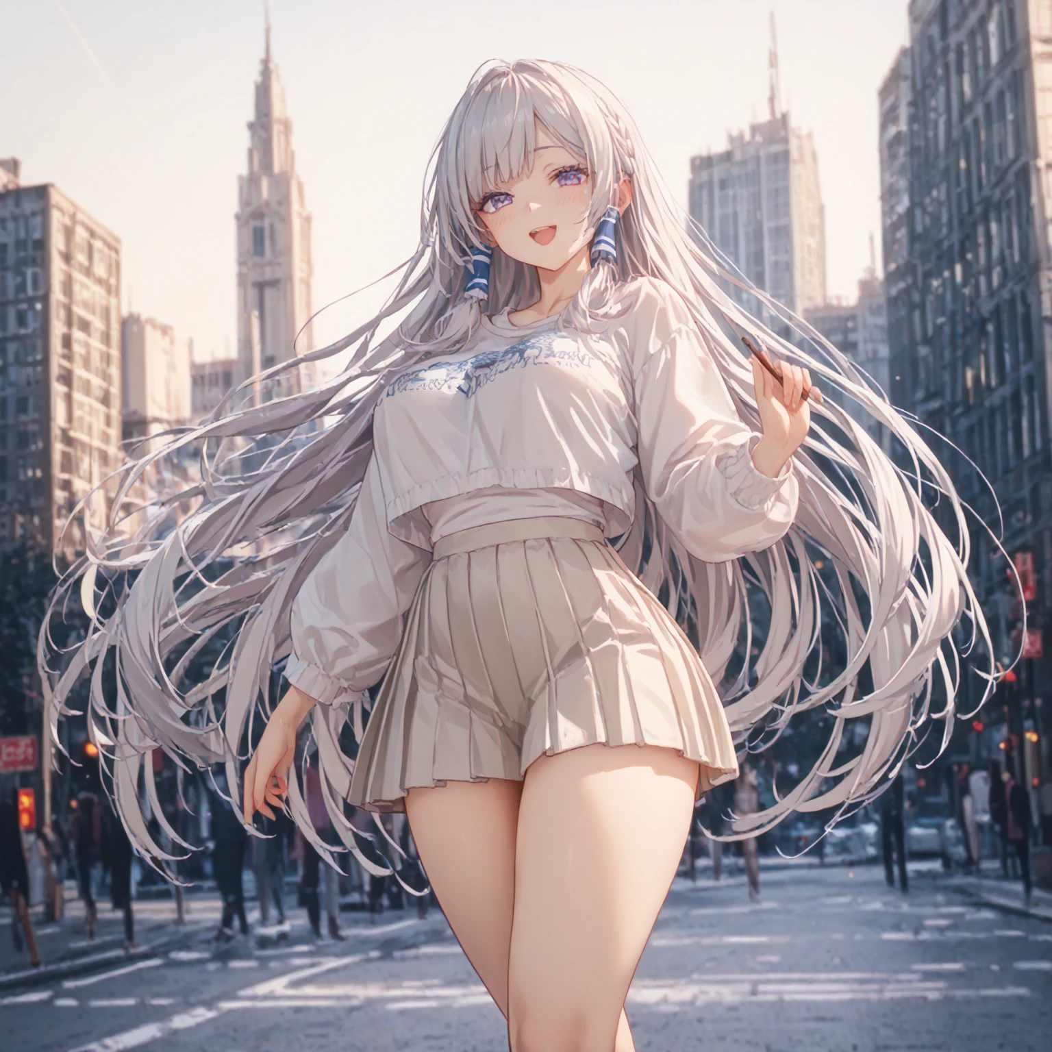 (masterpiece:1.3), (Best Quality:1.3), (ultra-detailed:1.3), (Sharp Focus:1.2), (From below), 1girl, solo, (Beautiful Women in Perfect Figure: 1.4), The most detailed skin, (thick lines:1.2), (Beautiful Face Idol: 1.3), //, Sailor-collared crop top (with a ribbon at the bust), High-rise flare skirt (just above the knees), White ribbon anklets, Sandals with straps, //, large breasts, (Perfect Body Beauty:1.4), (Buttocks), Perfect eyes, Perfect iris, //, (sexual expression), smile, blush, //, Half-up with the rest being wavy long hair style, Golden gray hair color, (beautiful eyes), white-skinned, //, Bustling cityscape, buildings, people, and street trees visible