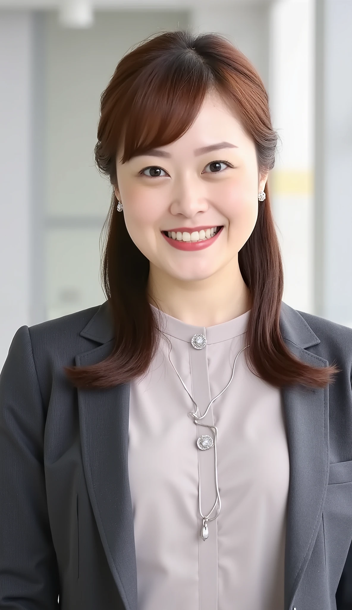 Neat Young Woman、and look at the camera、office lady suit、jacket、shirt、necklace、ear piercing、、、smile showing teeth、背景はオフィス
