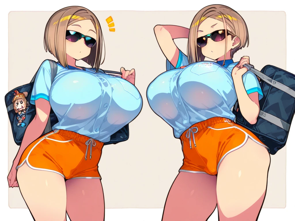 2heads, a short chubby woman with 2 heads. She has enormous breasts. She is outside in a park. She is wearing a tight colorful bikini top and leggings. She is wearing a hat. She has gigantic breasts. She has long blonde hair. She is sweating. She looks exhausted. She is smiling. She is blushing. She has enormous breasts. Her breasts are very circular and round.