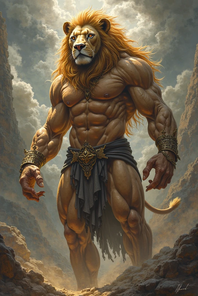 Muscular Samson with seven braids tearing a Lion --auto --s2
