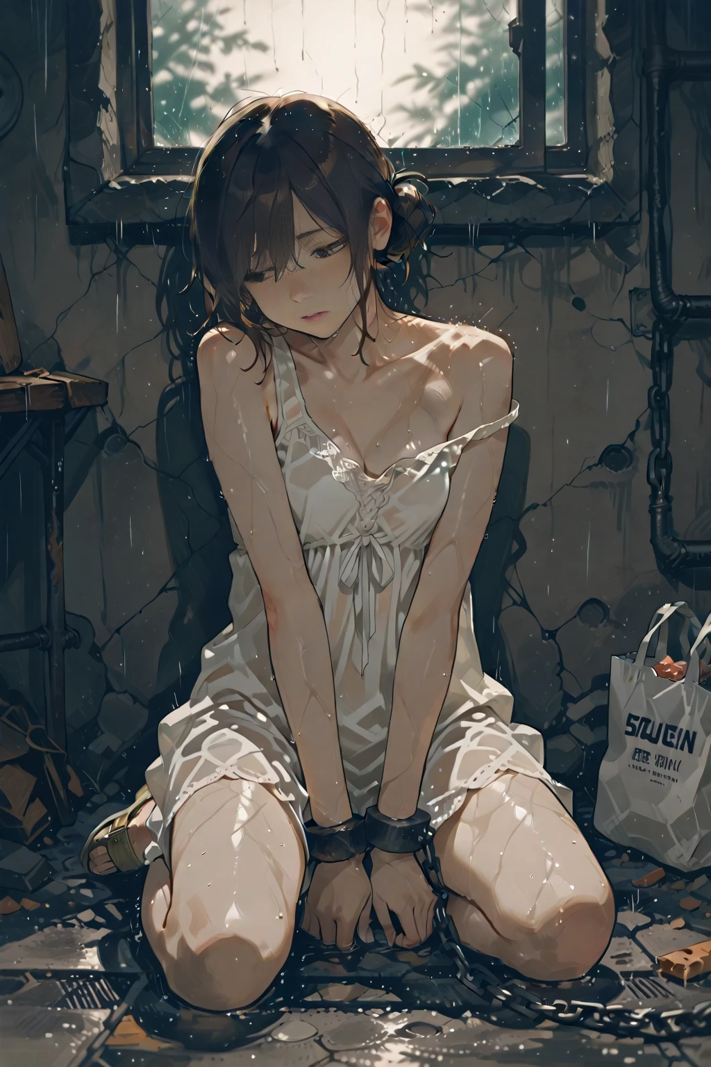 ((Masterpiece)), ((best quality)), (Professional Photography:1.2), wide-shot, cinematic lighting, very messy hair, (tattered and torn camisole, dirty white camisole), slightly exposed nipples, Slender body, small breasts, (shy and blush), ((long chains)), ((Heavy handcuffs)), (Restrain both hands:1.5), barefoot, Textured skin, cat ears, pale brown hair, Cute Beautiful girl, sit on the ground, slum townscape