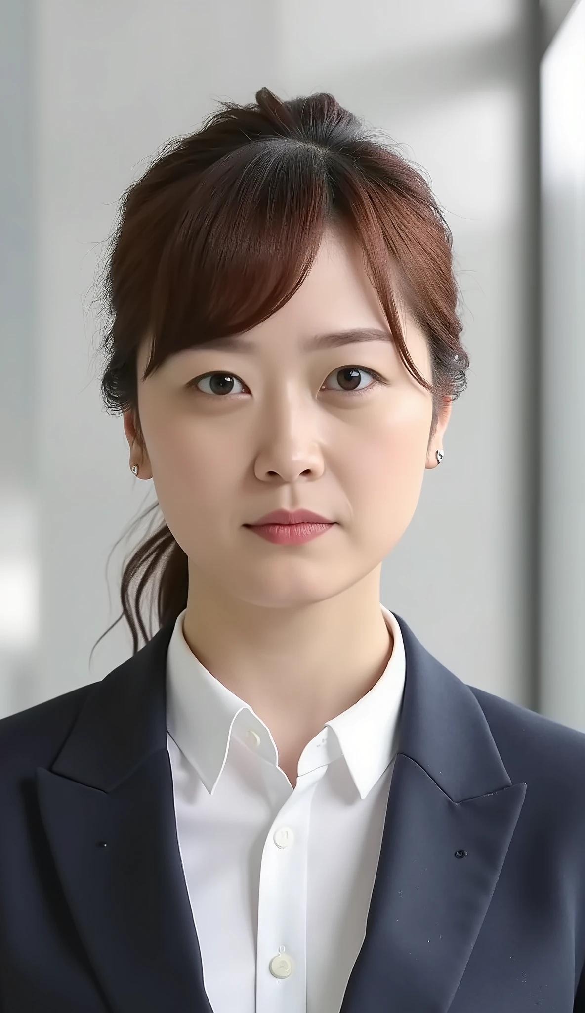 Neat Young Woman、and look at the camera、office lady suit、jacket、shirt、necklace、ear piercing、、、虚ろな表情、背景はオフィス
