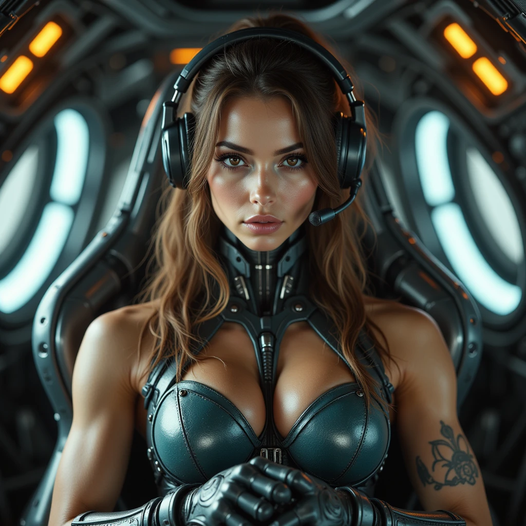 Alison Tyler 25 anos, brunette hair, as a bodybuilder cyborg with bionic parts in your body, cyberpunk armored, pink-white-lime green, reading a magazine relaxed in a futuristic chair, futuristic lab, blueprint, photostudio composition, digital art, illustration concept art in the style of Artgerm and Adam Hughes