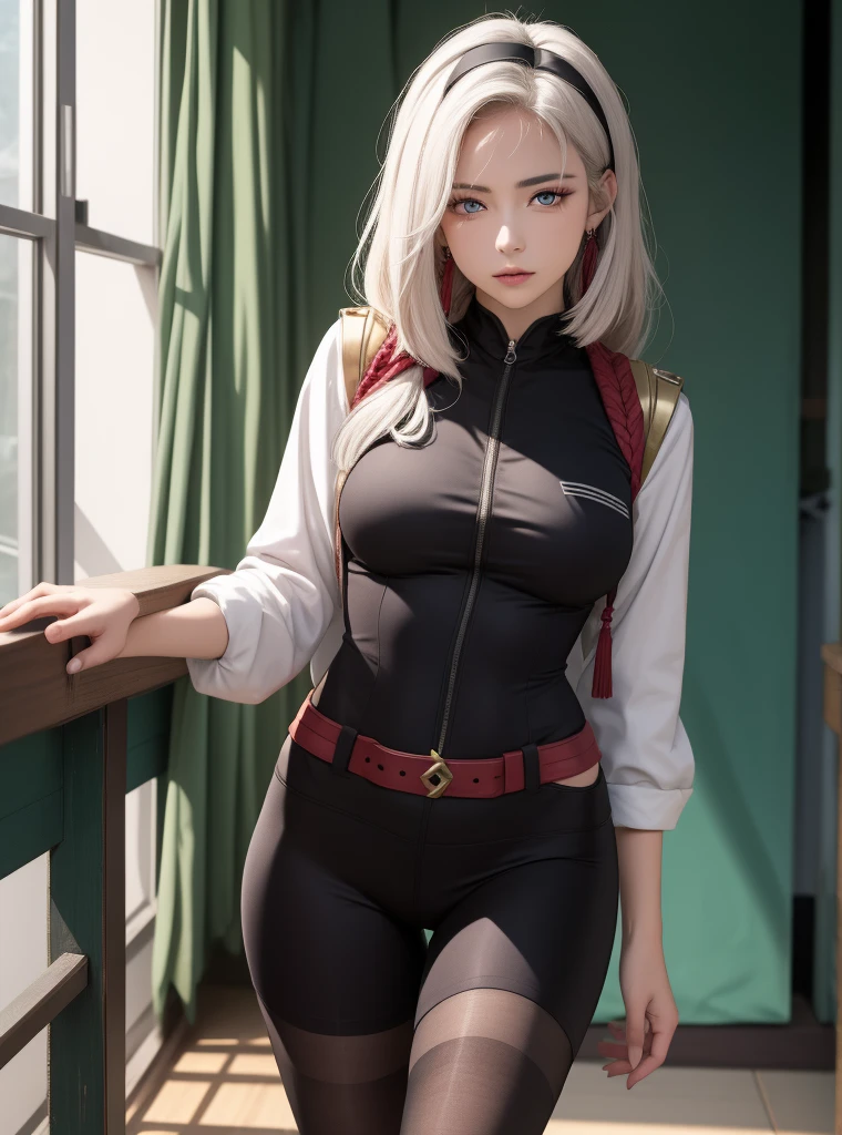 bound arms, arms behind back, rope, highres, highest quallity, illustration, ultra detailed, (detailed face), (detailed eyes), soft lighting, best quality, hyper detailed, masterpiece, looking at viewer, worried, blush, slightly open mouth, 1girl, solo, short hair, white hair with blue tips, skirt, black clothing, upper body, misty, night, green eyes, small breasts, black pencil skirt, leather crop top, long sleeves, white thighhighs, knee boots, kneeling