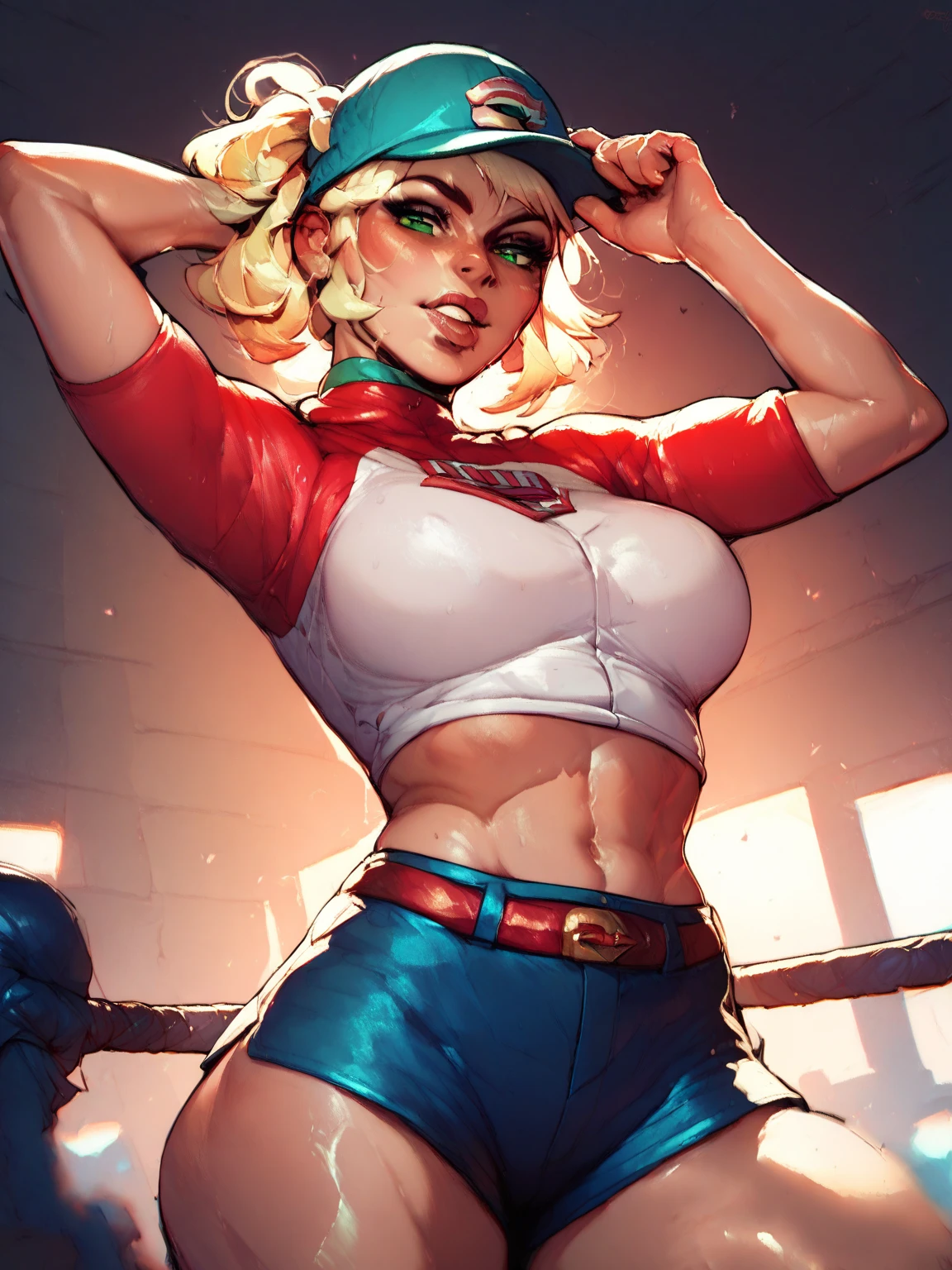 (Muscular:1.9), (thick thighs:1.8),
blonde female, (supergirl:1.2), (big smile:1.7), (blunt bangs), (ponytail:0.8),
earrings, lipstick, eyeshadow,
hard nipples, (small breasts:2),
(blue sleeveless tanktop, midriff, speedo with little skirt:1.9), (small cape:1.3), (choker:1.2), (active pose:1.5),
looking at viewer, three quarter view, (upper body view),
(rooftop, skyline background:1.3), rim lighting, two tone lighting, dim lighting, bokeh, detailed skin, detailed eyes