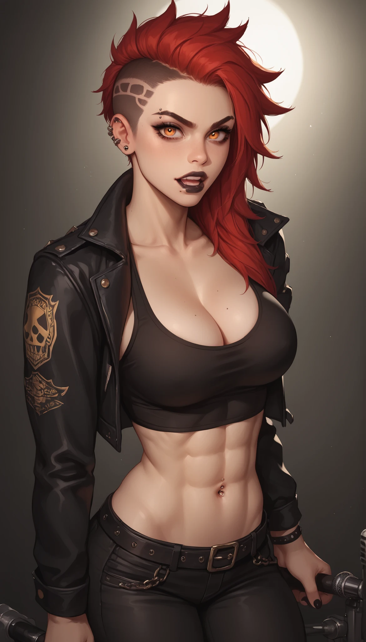 score_9_up, score_9, score_8_up, score_8, score_7_up, score_7, cinematic lighting, raw, high quality, 4k resolution, absurdres, masterpiece, dynamic lighting, high contrast, morimee_style, detailed face, 1girl, solo,
1girl, solo, perfect eyes, perky breasts, round breasts, (petite), angular features, sharp features, (perfect eyes), ((cute)), perky breasts, busty, slim body, (cute), toned, ((slim body)), busty, cleavage,
dark background, rocking, metal, rock concert, yelling, microphone, stage,
abs, long hair, punk hair, muscular, pectorals, solo, spiked hair, 1girl, solo, looking at viewer, navel, jewelry, collarbone, red hair, orange eyes, makeup, piercing, ear piercing, freckles, black lips, lip piercing, eyebrow cut, jacket, open jacket, crop top,