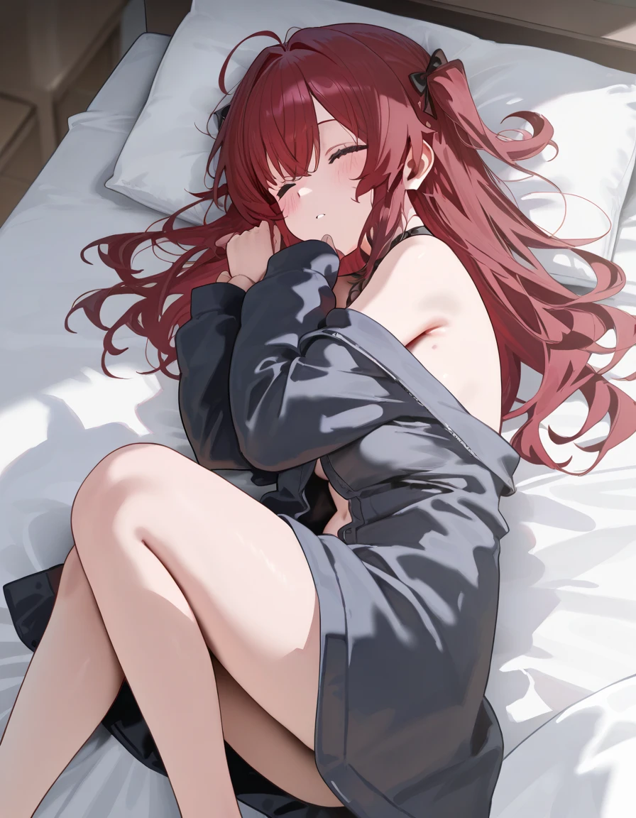 Nishikino maki, Purple eyes,((red hair)),open-chest sweater ,sweater, sweating,big breasts,sweat stain