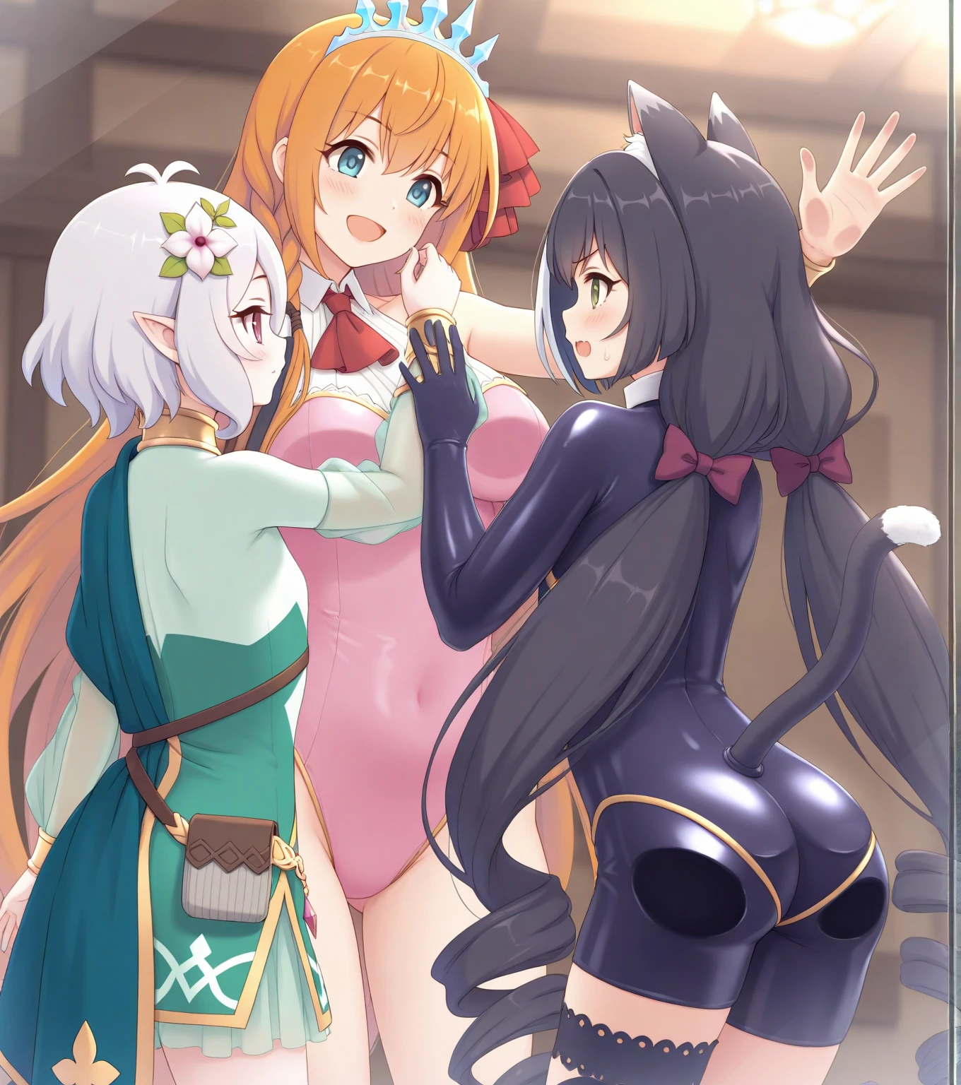 best quality, group of girls peeing standing up, cat ears, Long hair, girl pee, pee, pee self, lineares pee, Full body shot, from bottom, outside, squirt, topless, 
