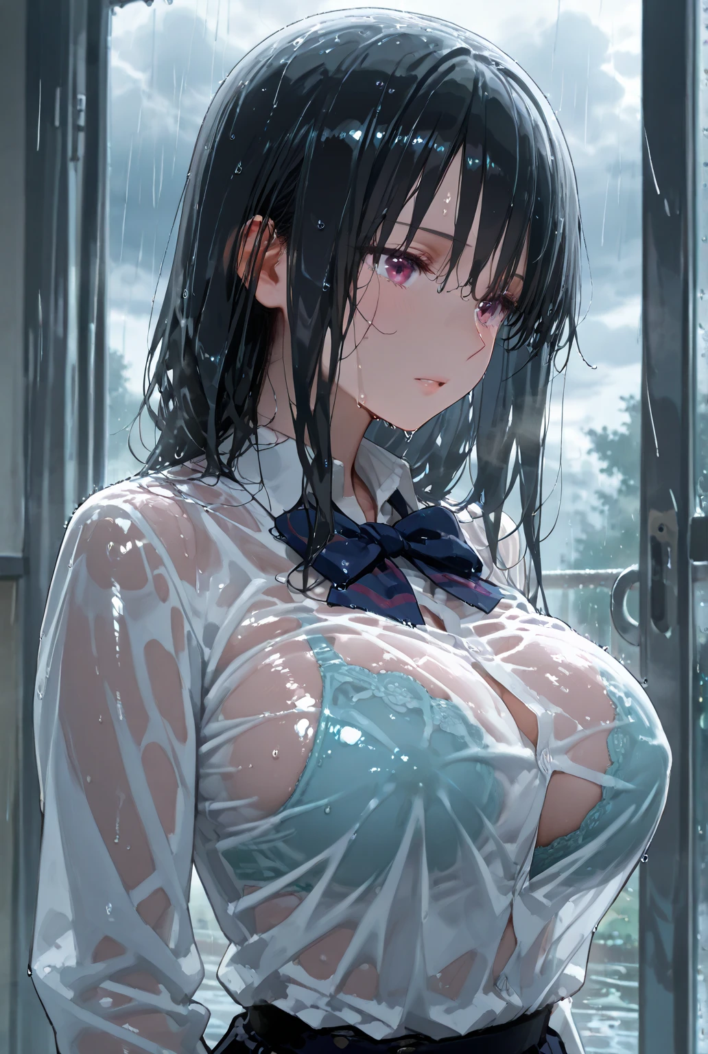 ((Highest quality, 8K, masterpiece:1.3)), ((Layered Haircut), (Wet clothes: 1.1), (rain, street:1.3), , J Cup, Soft Breasts, valley, Delicious breasts, Highly detailed face and skin texture, Beautiful Eyes, double eyelid, Whitening skin, Long Hair, (shut up: 1.3), smile,