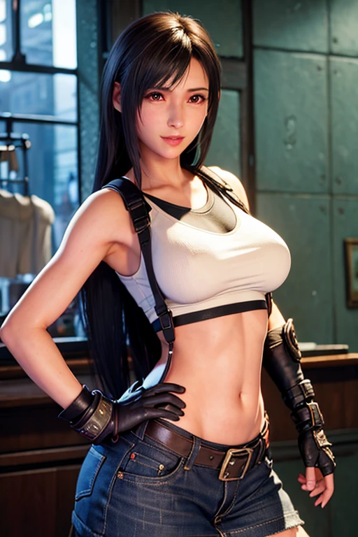 (, blush, 20yo, narrow eyes) (Photorealistic: 1.4), Solo, Top Quality, Very Delicate and Beautiful, High Definition, 1girl, tifa_lockhart, Smile, Cowboy Shot, Suspenders, Low Rise, Mini Skirt, (((White Panty))), Tank Top, Tense Shirt, Black Hair, Long Hair, Elbow Gloves, Beautiful Detailed Red Eyes, Face Light, Movie Lighting, Navel, ( gigantic breasts: 1.0), old bedroom, background blurred, fluttering hair, beautiful woman
