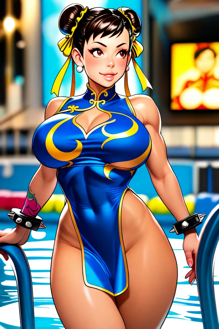 (masterpiece, best quality:1.2), hot melon, hair bun, 1girl, double bun, jewelry, nail polish, toenail polish, bracelet, earrings,gigantic breasts, makeup, spiked bracelet, bun cover, toenails, clothing cutout, spikes, eyeshadow, solo, swimsuit, v, hand on hip, brown eyes, muscular, muscular female, gold hair, one-piece swimsuit, sandals, full body, blue nails, cleavage cutout, cameo, looking at viewer, thighs, large breasts, standing, confetti, adapted costume, smile, thick thighs, lips, fingernails, eyeliner, from above, highleg, lipstick, toes, blue footwear, biceps, blue one-piece swimsuit, abs, short hair, cleavage, alternate costume, chun-li,