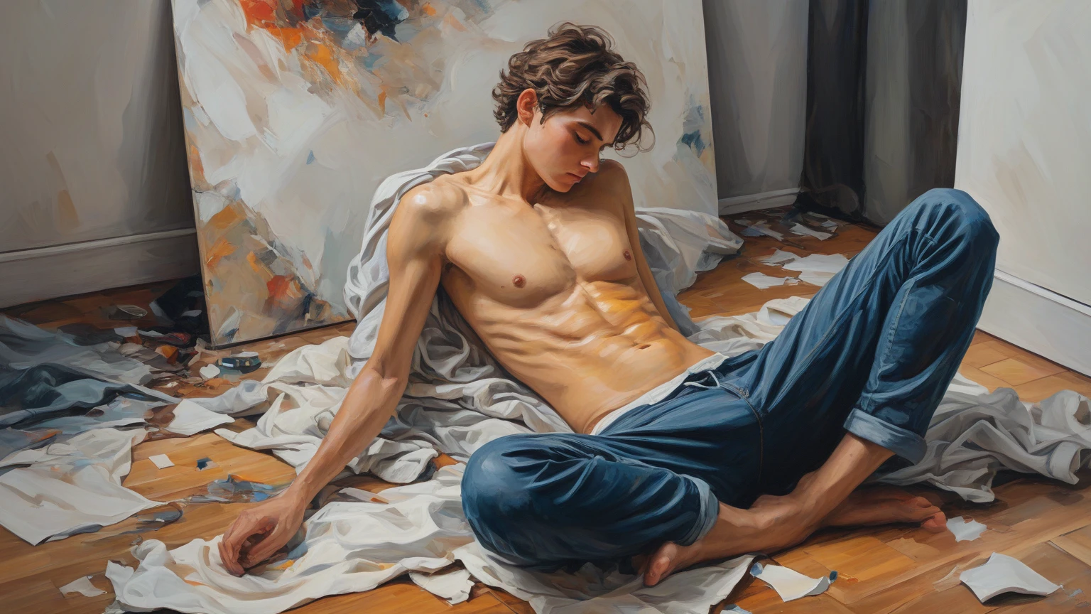 a thick textured oil painting, massa de pinceladas, dry brushing,revelando camadas inferiores, paisagem abstrata, moody lighting, dramatic shadows, cores terrosas suaves, cores vibrantes, altamente detalhado, Obra de arte, homens pelado com asas de anjos. Male nude body