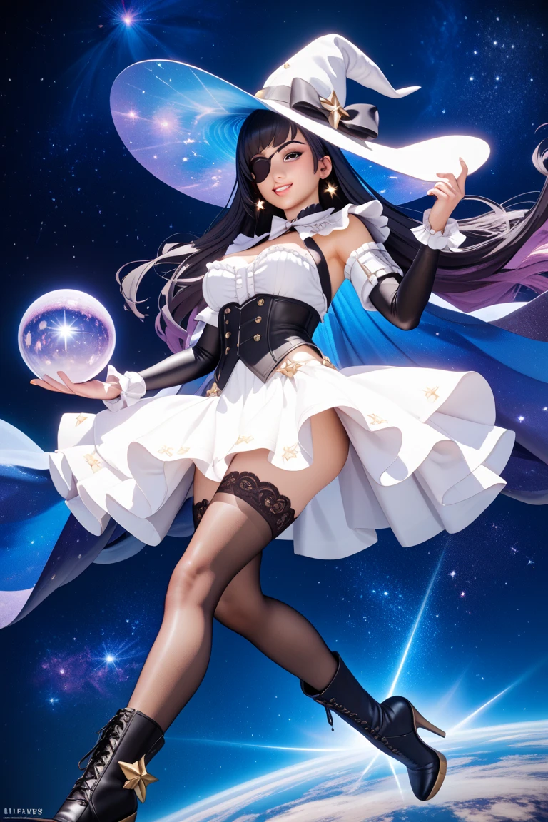 a glamour picture shot, of an elite model covered in stars, walking on a (dark catwalk: 1.2), an extraordinary glamourous elite female model, ((full body: 1.5)),  ((anatomically correct: 1.5), (ultra detailed face: 1.2), best detailed face, yrllow hair, long hair, lush hair, glam hair cut, blue eyes, delicate face, light make up, wearing intricate detailed dress, glamour dress, haute couture dress, elite fashion dress, black as night dress, decorated with bright stars, starlight,  small cleavage, wearing high heels, elegant high heels, she wears diamond necklace, she is glows in a soft starry light, she walks on (asteroid catwalk: 1.2), elite fashion show background, vibrant, Hyperrealism style, vibrant, Ultra-high resolution, High Contrast, (masterpiece:1.5), highest quality, Best aesthetics), best details, best quality, highres, ultra wide angle, 16k, [ultra detailed], masterpiece, best quality, (extremely detailed) RAW, chumbasket art style, hud_s1n, short black dress, long sleeves, veil, thighhighs, star, Haute_Couture