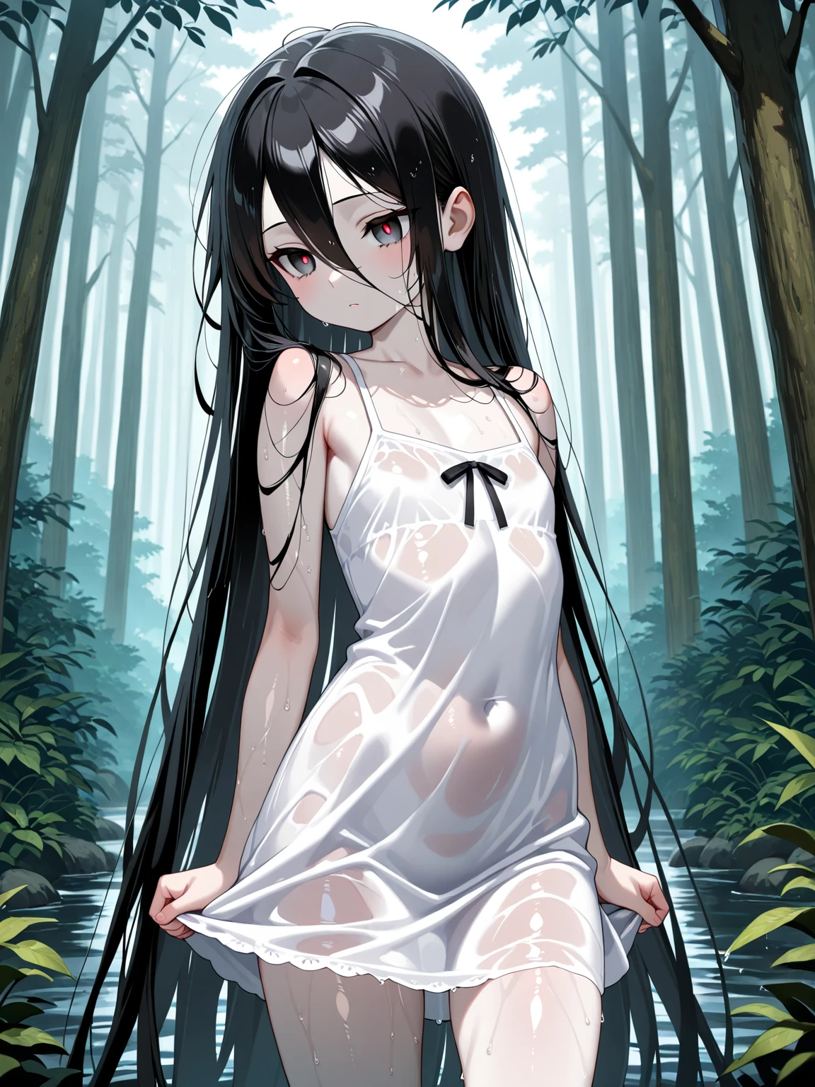 beautiful, cute (((5yo anime girl, preteen))), blue eyes, blond long hair, (((tiny body, skinny, small, short, flat chest))), small round butt, nude, standing in forest, embarrassed, uncomfortable, looking at viewer, frontal view, visible nipples, pussy, best quality, masterpiece, soft lighting,