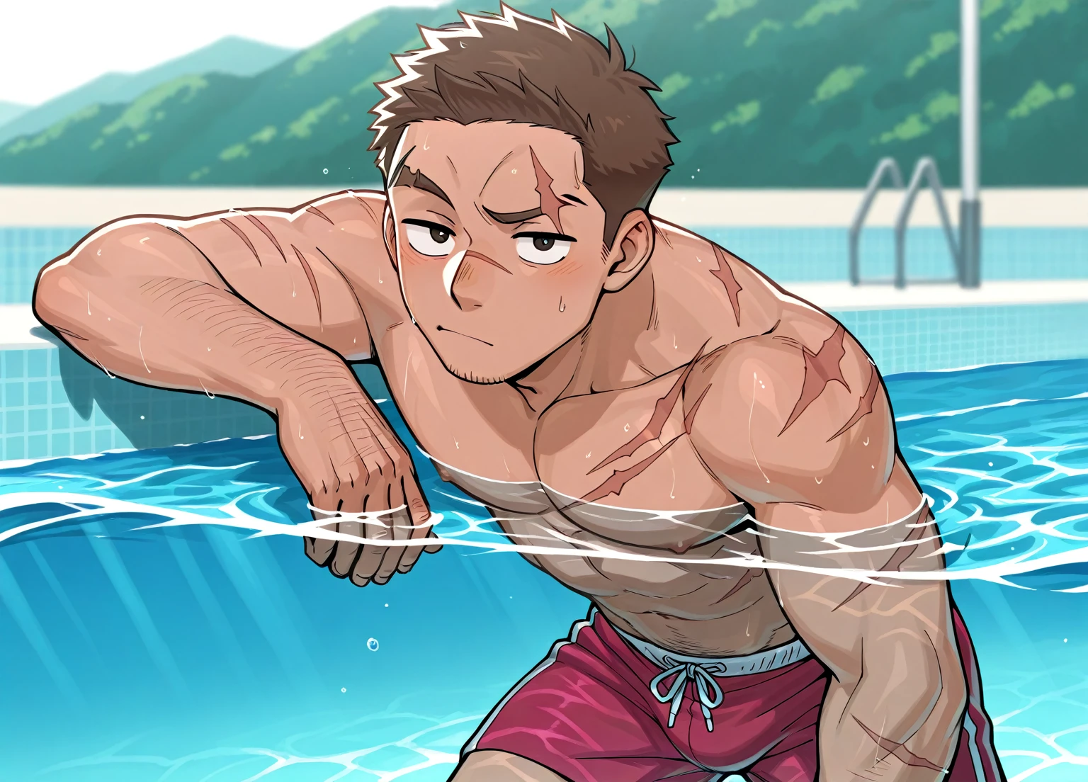 On the edge of the pool, a naked male, ground ruffian, high school student, sticking out his tongue, rolling his eyes, evil expression, swimming trunks, spitting white liquid out of his mouth, pinching his crotch with one hand, sexually harassing, seducing