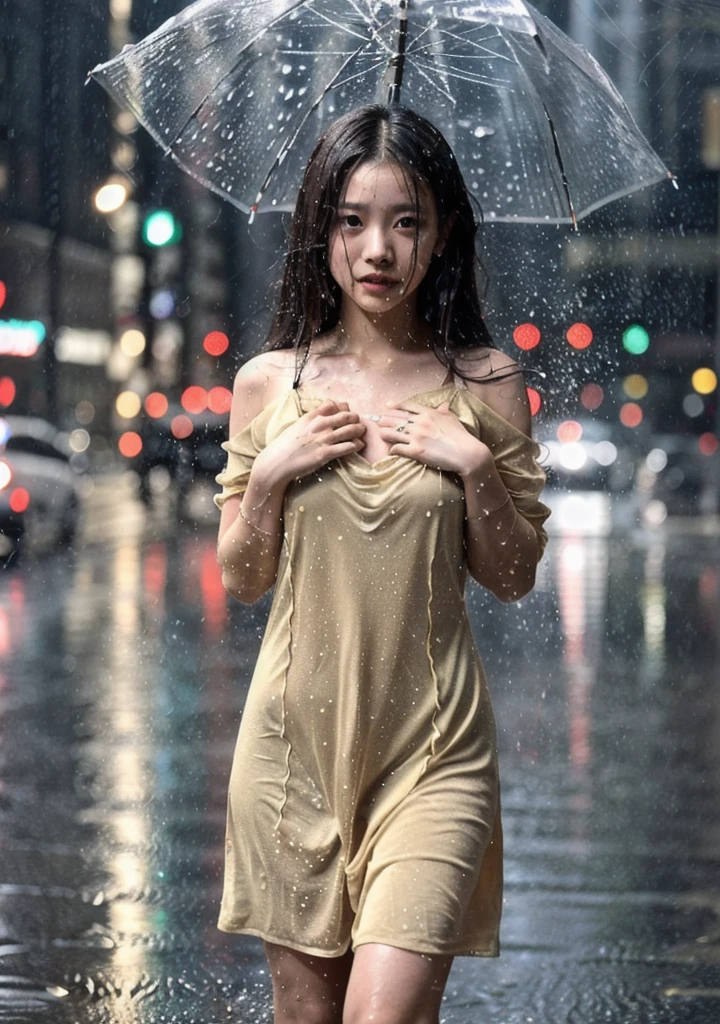 (Raw photo、highest quality)、(realistic、Photoreal:1.3)、highest quality、masterpiece、very delicate and beautiful、A hvery detailed、nffsw、sense of oneness、2k wallpaper、growing up、Beautiful in every detail、masterpiece、light smile、highest quality、Hvery detailed ticker Unity 8K wallpapers、huge file size、Super detailed、High resolution、very detailed、(correct anatomy:1.5)、(With an expression that has reached sexual climax:1.3)、(Pose that reaches sexual climax:1.3)、(wearing a dress:1.3)、(pouring rain:1.55)、(motion flow effect:1.55)、(Full body soaked:1.55)、(On a busy street at night full of neon lights:1.4)、(spread your legs:1.55)、18-year-old、guardium straight hair、neon light、professional lighting、(look at the camera:1.55)、(Close-up of the face from the front)、