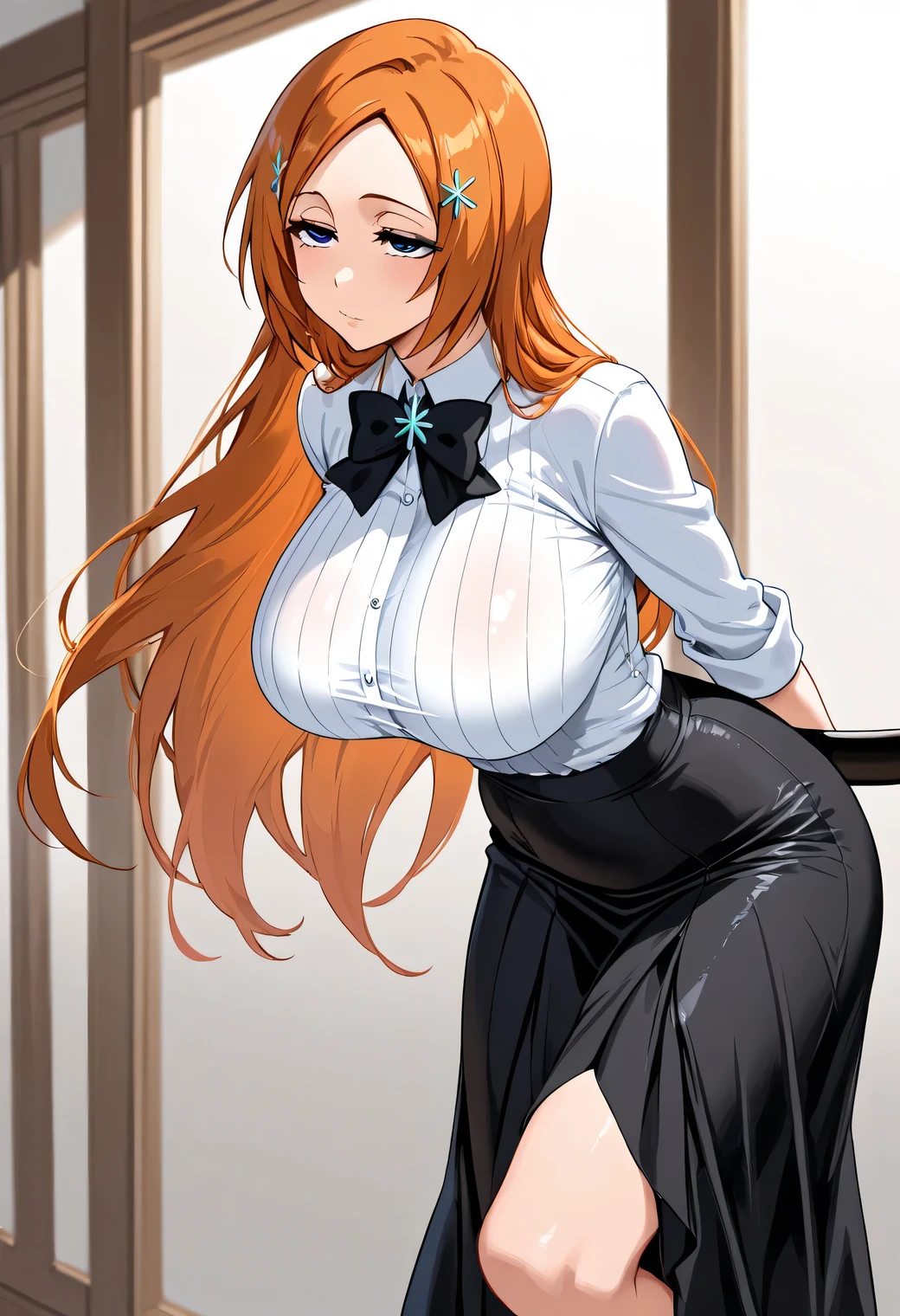 Super-detailed, 8k HD, Rangiku Matsumoto, 1 girl, solo, long orange hair, slender hips, thick thighs, huge and droopy breast, huge round ass, black office clothes and skirt, standing in the hallway, arm cross, serious face, looking at the viewer, view from the front