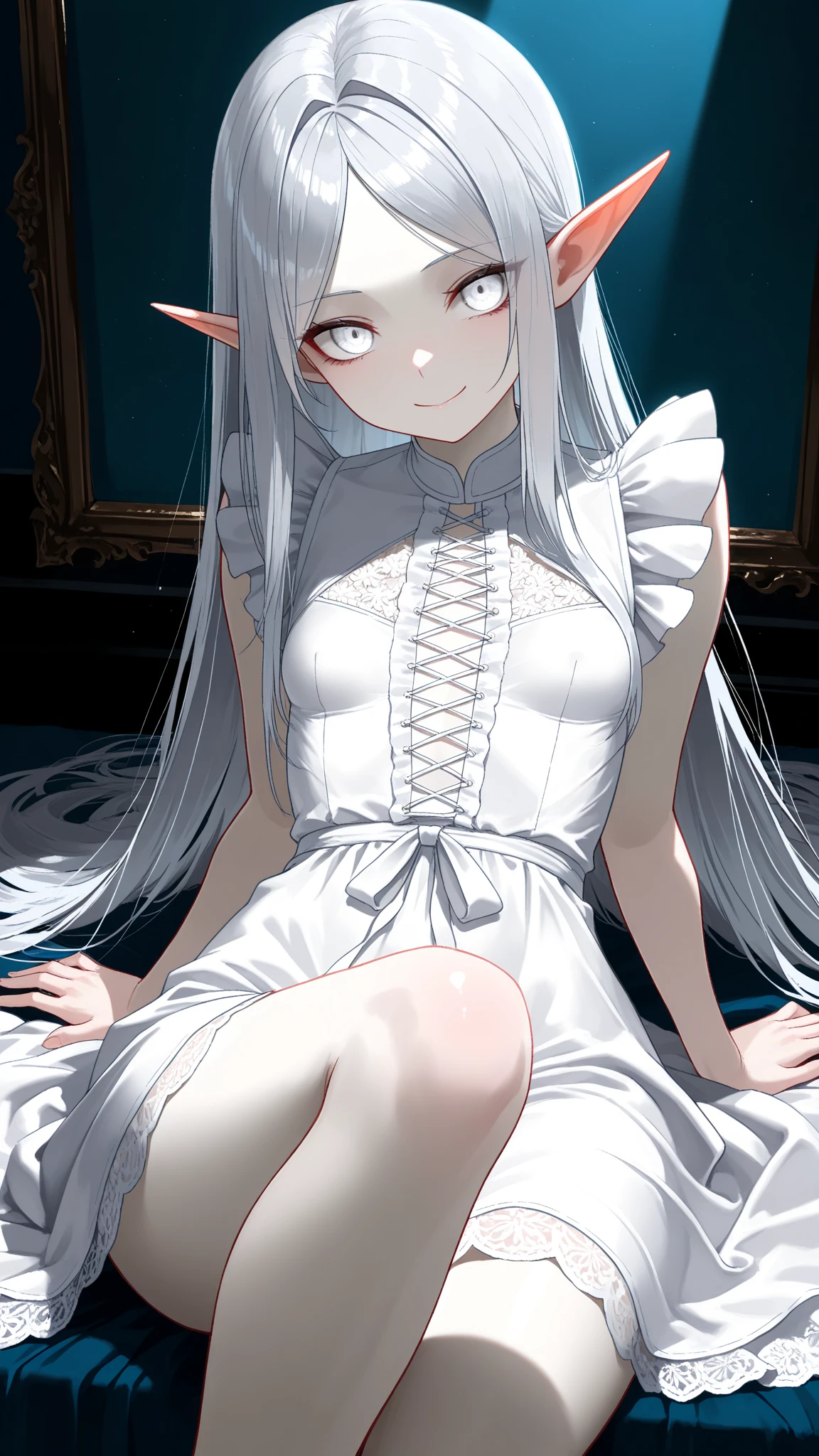 young girl, silver-blonde hair, red eyes, beautiful and detailed eyes, white dress , elf, long hair, (in a beautiful temple  )Smiling mischievously 