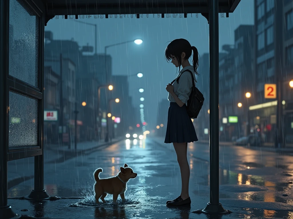 ((best quality)), ((masterpiece)), (detailed), (realistic, high resolution:1.3), perfect figure, A young female office worker, standing under a dimly lit bus stop at dusk, soaked from the rain, her hair dripping and sticking to her cheeks, holding a bag close to her . Outside the shelter, a small playful puppy jumps around a puddle on the empty street, splashing water. The city is quiet, lights reflecting off the wet asphalt, soft rain still falling. Moody atmosphere, cinematic anime style, realistic raindrops, emotional yet heartwarming.