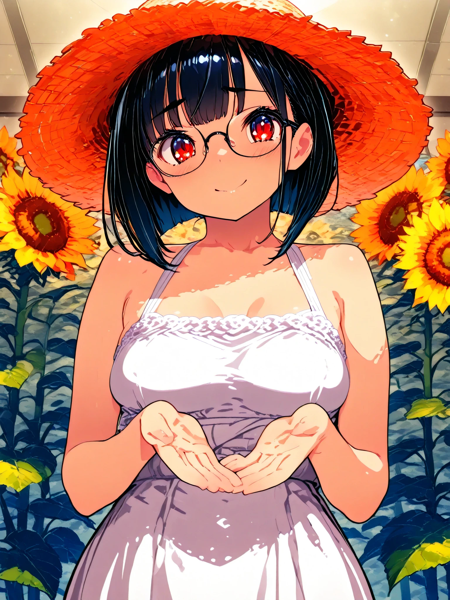 Asian girl, with two buns on hair, cute round glasses, wearing nothing, nude, showing skin, showing breast, showing, showing a lot of skin, not wearing anything, ((clothes)), masterpiece, best quality, 1girl, (colorful),(finely detailed beautiful eyes and detailed face),cinematic lighting,bust shot,extremely detailed CG unity 8k wallpaper,black hair,solo,smile, eye smile, intricate skirt,((flying roses)),(sunflower meadow) sky, building, night, moonlight, moon, (dark theme:1.5), light, fantasy, high definition, smiling, bright smile, sexy, seducing,