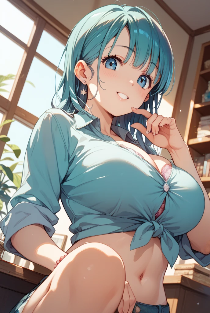 (masterpiece, best quality:1.2), 1girl, solo, white tank top, blue trousers, cleavage
