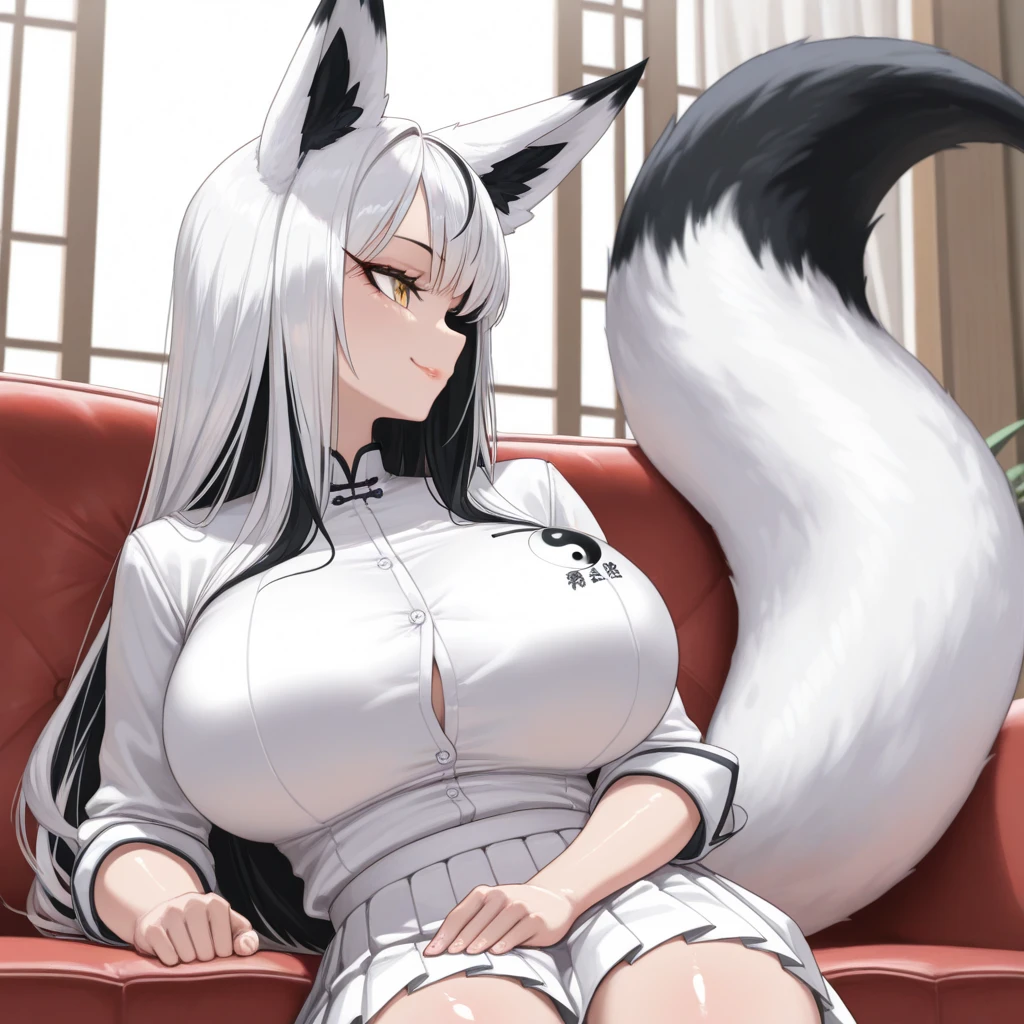 score_9, score_8_up, score_7_up, 1girl, dark hair, long hair, tail, small waist, big thighs, easynegative, breasts, black lips, white fox's ear, sharp tooth, open mouth, grey skin, blue pilars and shadows at background, hands on chest, blue neon eyes, golden dress, fishnet socks, red ornaments,