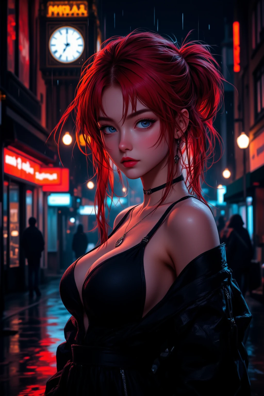 Create an illustration of a beautiful anime style woman, red hair , eyes with bright color Defined body with large breasts, Giant Buttocks , make her tease 