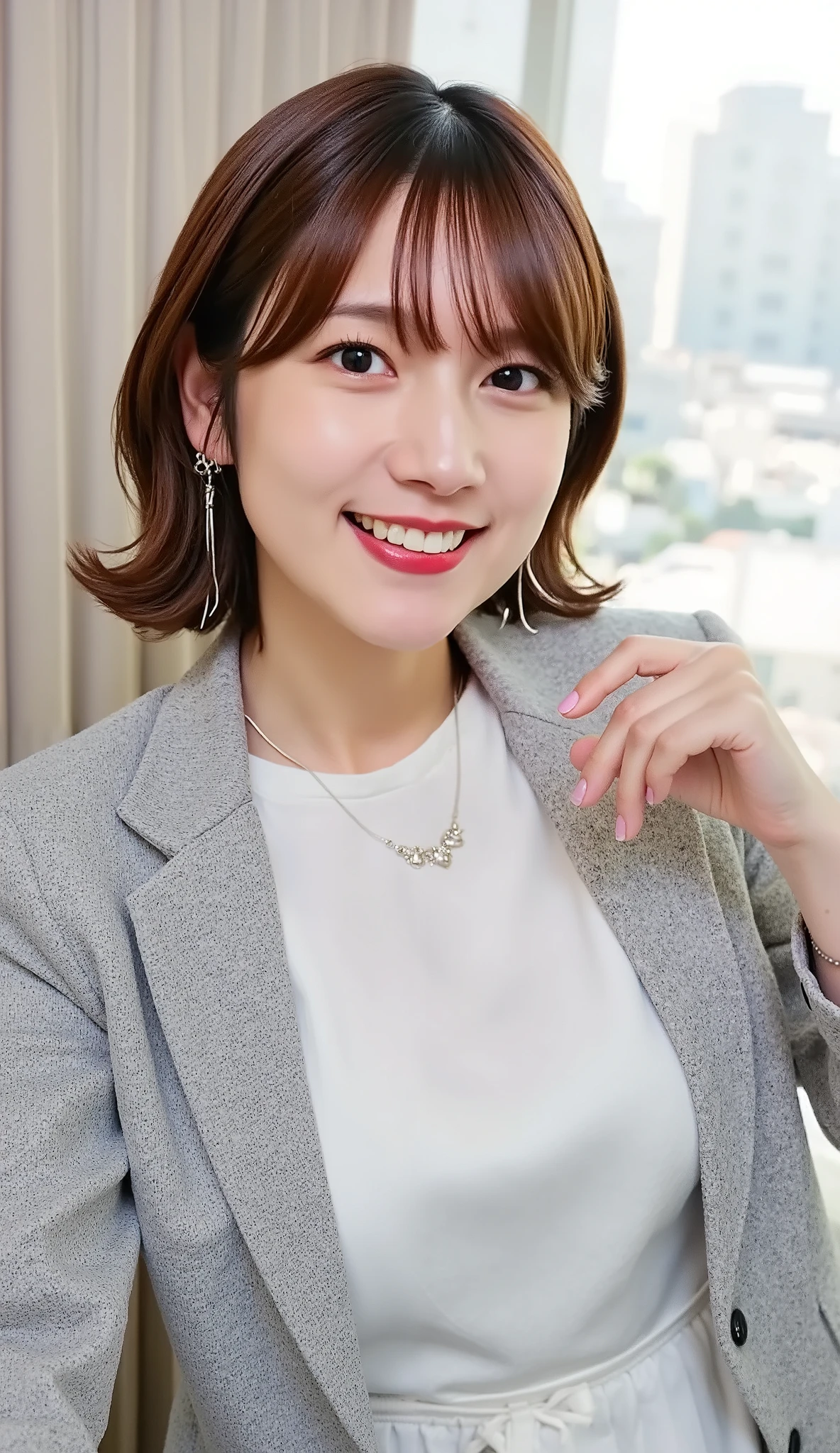 Neat Young Woman、and look at the camera、office lady suit、jacket、shirt、necklace、ear piercing、黒髪、、smile showing teeth、背景はオフィス