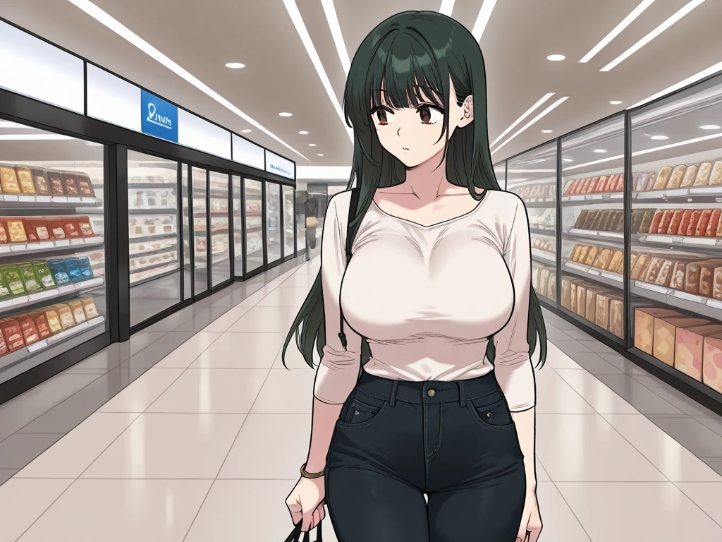 a woman wearing a white shirt, tight black pants, big breast, in a shopping mall
