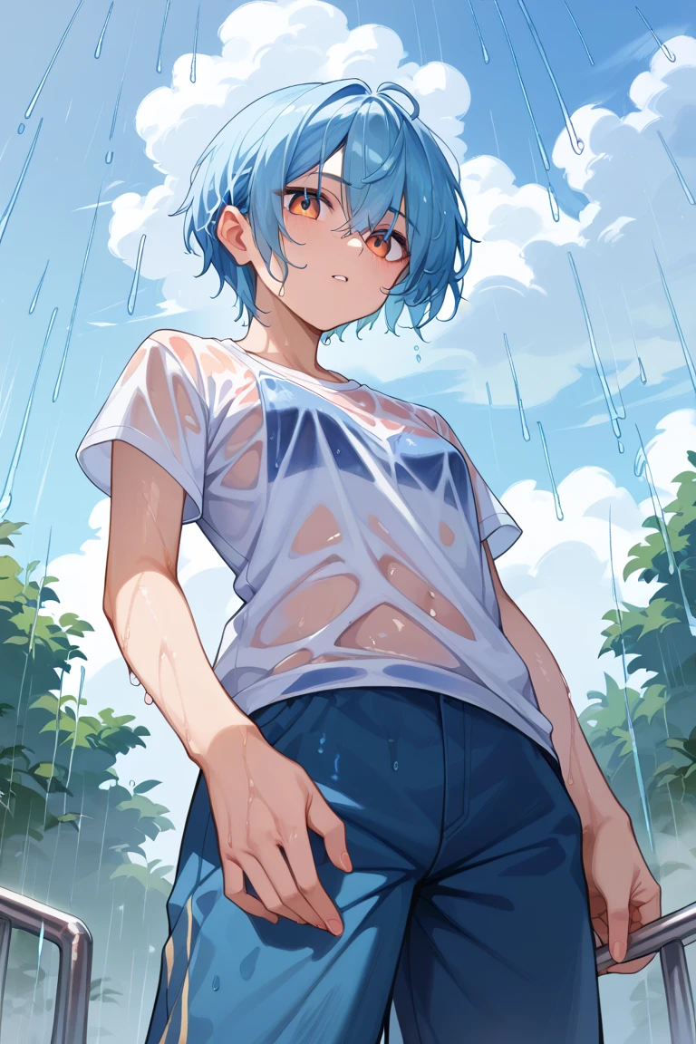 ((solo)), (boldline:-1.6), (holding see throgh umbrella:1.5), (arched back:1.3), ((bubble)), (standing:1.5), (((fang))), (((best finger))), BREAK (best quality:1.5), (absolutely resolution:1.5), (ultra detailed:1.5), (masterpiece:1.5), (perfect face:1.5), (detailed face:1.3), (detailed eyes:1.5), (best eyes:1.5), (cute face), (shota:1.9), BREAK (black tank top:1.5), BREAK (white loincloth:1.5), (see throgh wet clothes:1.5), (bulge:1.6), (skinny:1.3), (spiked hair), BREAK (light blue hair:1.5), BREAK (wine red eyes:1.4), (eyes with highlight:1.6), ((mole under eye)), (sweaty skin), (smiling:1.5), ((earrings)), (shiny skin:1.3), BREAK (garden), (purple hydrangea), (heavy rain:1.3), ((wind blowing)), ((nipple)), (abs), groin, water splashing,