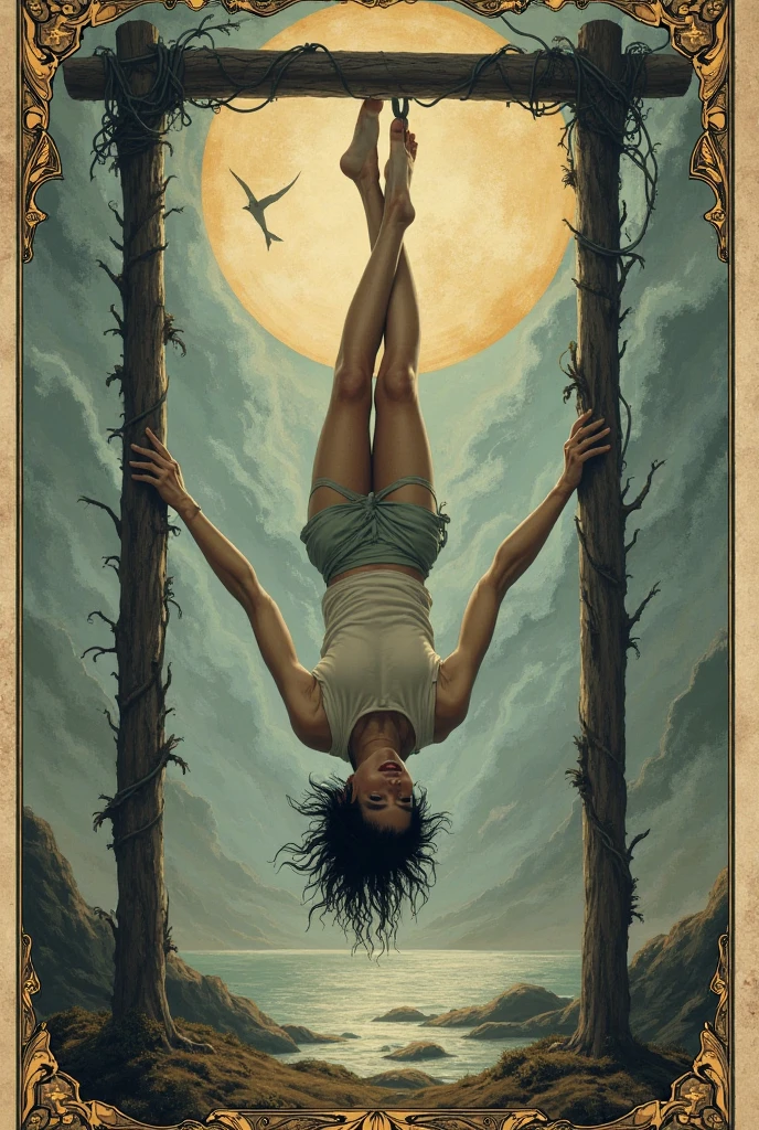 <lora:Tarotv0.2:0.9>, tarot card, the hanged man, man, upside down, hanging from tree by ankle