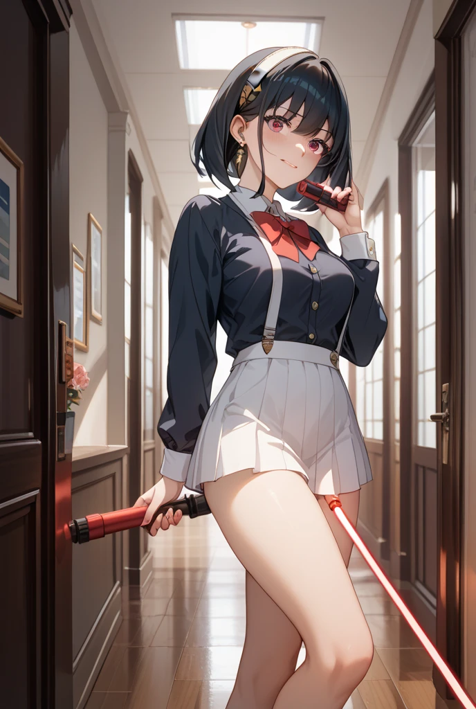 Girl with a Japan sword、Round, black eyes、Bloody short-sleeved shirt、A girl covered in blood after being splashed with blood. She lifts her skirt with both hands.、Showing off cute white underwear.、Black garter belt、Black rough fishnet stockings、A plain white shirt with short sleeves and a red tie、Standing posture、Abandoned Factory