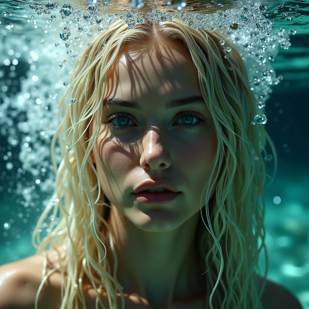 blonde woman with wet messy hair standing dripping wet by a swimming pool. pale blue translucent micro bikini, slim, freckles, grey eyes, high firm small breasts, skinny waist, viewed from level with the top of her head
