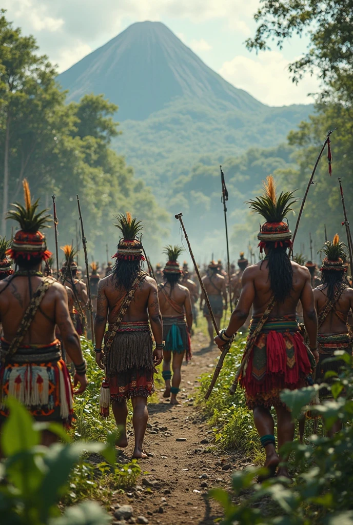 A tribe of Brazilian Indians walking in the forest