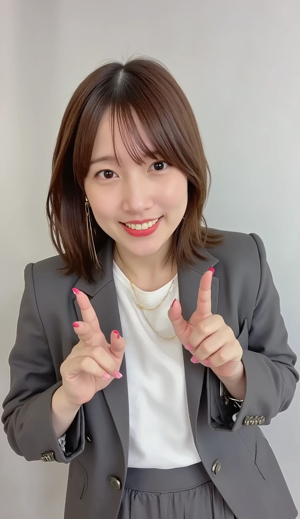 Neat Young Woman、and look at the camera、office lady suit、jacket、shirt、necklace、ear piercing、黒髪、、smile showing teeth、背景はオフィス