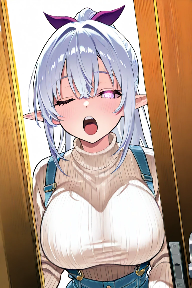 Cute naughty receptionist, (dark elf, dark brown skin:1.7), Pastel colors hair, (large breasts:1.2, bursting breasts, Thighs:1.2, thick legs:1.2, curvy:1.2), (pink hair:1.2, short hair, flipped hair:1.2, tired hair, hair intakes), red eyes, (naked:1.2), standard height, (slant eyes, blush:1.2, evil smiling), at the adventurer's guild, A bulletin board with posted paper, nfsw, sweat, (cum in vaginal:1.3), vaginal sex