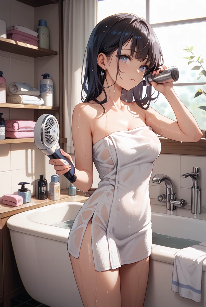 A little girl with a beautiful face is taking a bath。
White tights half-cover the body,Expose one breast。
Her face was slightly melancholy and pitying,The shower on the right drenched her,The water splashed on her and made some splashes。
The bathroom is black and blue with lattice walls,Shoot from below
