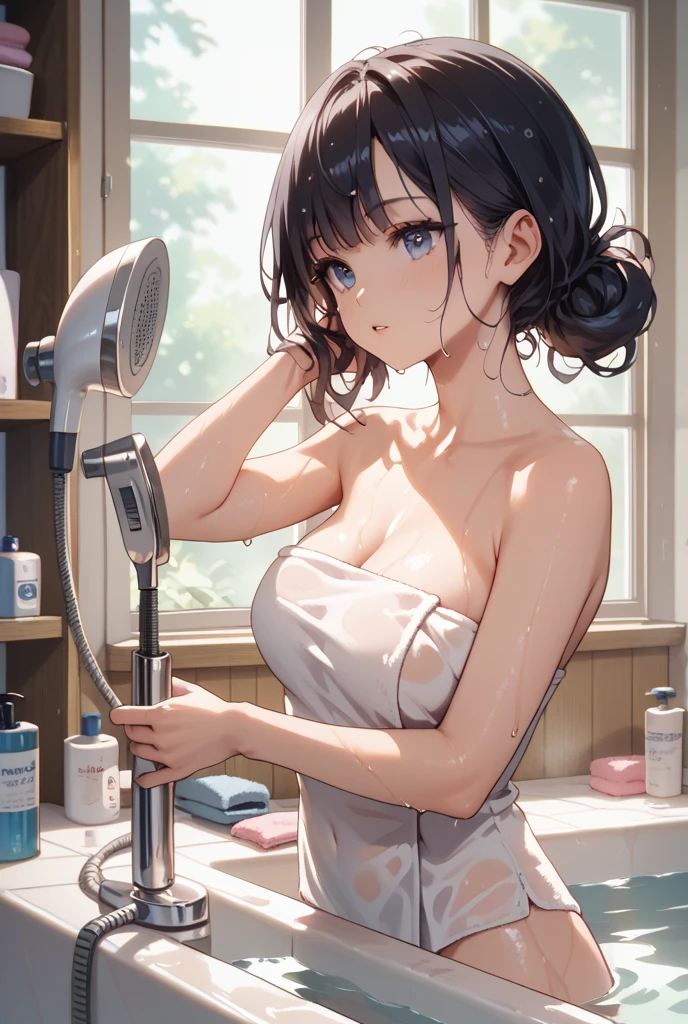 (nsfw:1.3),
(naked:1.3),
(ash-dark--brown medium-length short bob hair),
(put your hair up:1.2),
Masterpiece, high quality, High resolution, extremely detailed, cute with glowing white skin, eyelashes and cute dark-brown eyes, アニメ, gorgeous background-centered composition,
(Best quality, 32k, photos of cute Japanese women),
(Raw photo: 0.8),
(The background is the bathroom ),
(white、black、Grey-themed interior),
1girl,
detailed face and breast,
17 years old,
(Big Tits 1:1),
(erect nipples:1.2),
(Her body is wet),
(Her hair is wet),
(I take a shower),
(hold shower head),
(Chin up),
(shy),
(Close-up her),
(from side),