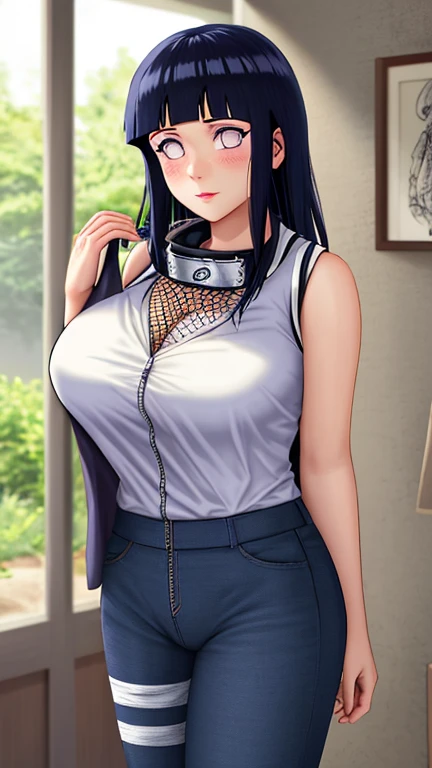 Masterpiece, highres, high Quality, detailed face, detailed body render, 1girl, solo, hyuuga hinata, hinata-sleeveless-outfit, large breasts, big breast, sleeveless shirt, fishnet top, dark lips, unzipped jacket, no bra, breasts out, nipple, standing, blushes, (on bedroom)