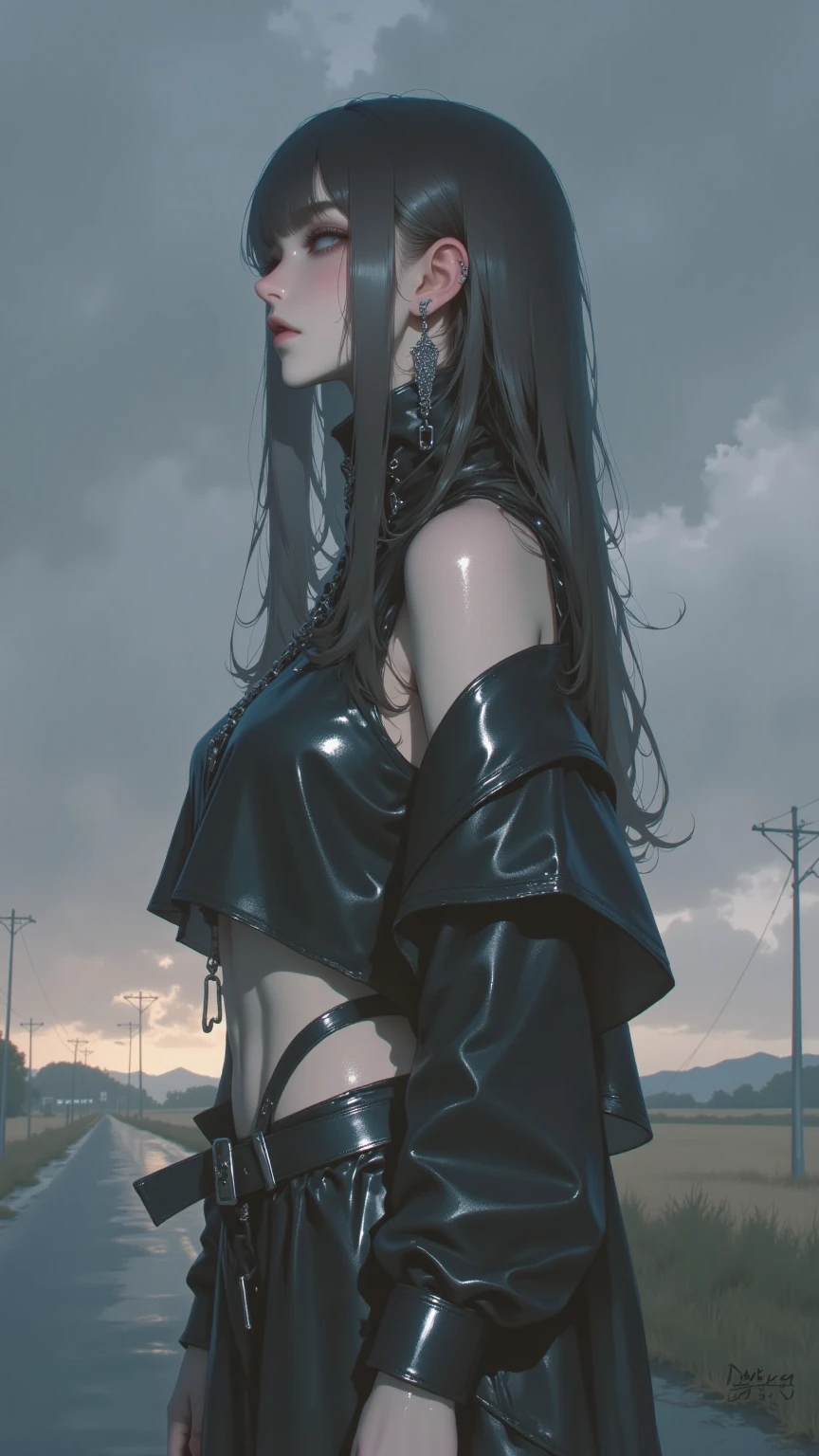 Beautiful woman, super long hair, indifferent, hands in pockets, heterochromatic eyes, tights, shorts, comic style, cyberpunk, lollipop, tall, shoulder blades, vest line, thin, body focus, whole body, black stockings