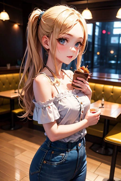 (masterpiece), 1girl, fantasy, elegant, chef visor, plaza, cart, joy, selling ice cream, summer, long gold hair, close shot, cleavage, blurred background, tilt shift, matte painting, visually stunning, bokeh