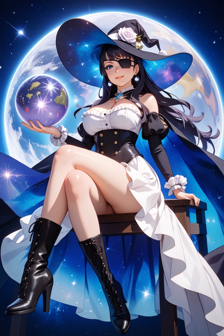 Young and beautiful woman,(Highest quality,Extremely detailed depiction,Incredible high resolution,Anatomically accurate depiction,Two beautiful hands, Five perfect fingers,Curvy Legs),(Glowing Skin),(astrologer),Celestial globe,Veil,Purple eyes,There is cleavage in the chest,Captivating smile,Large Breasts,Glossy Lips,Shadowed face,With arms outstretched,Sweat,whole body,background:A room depicting space,Mysterious atmosphere
