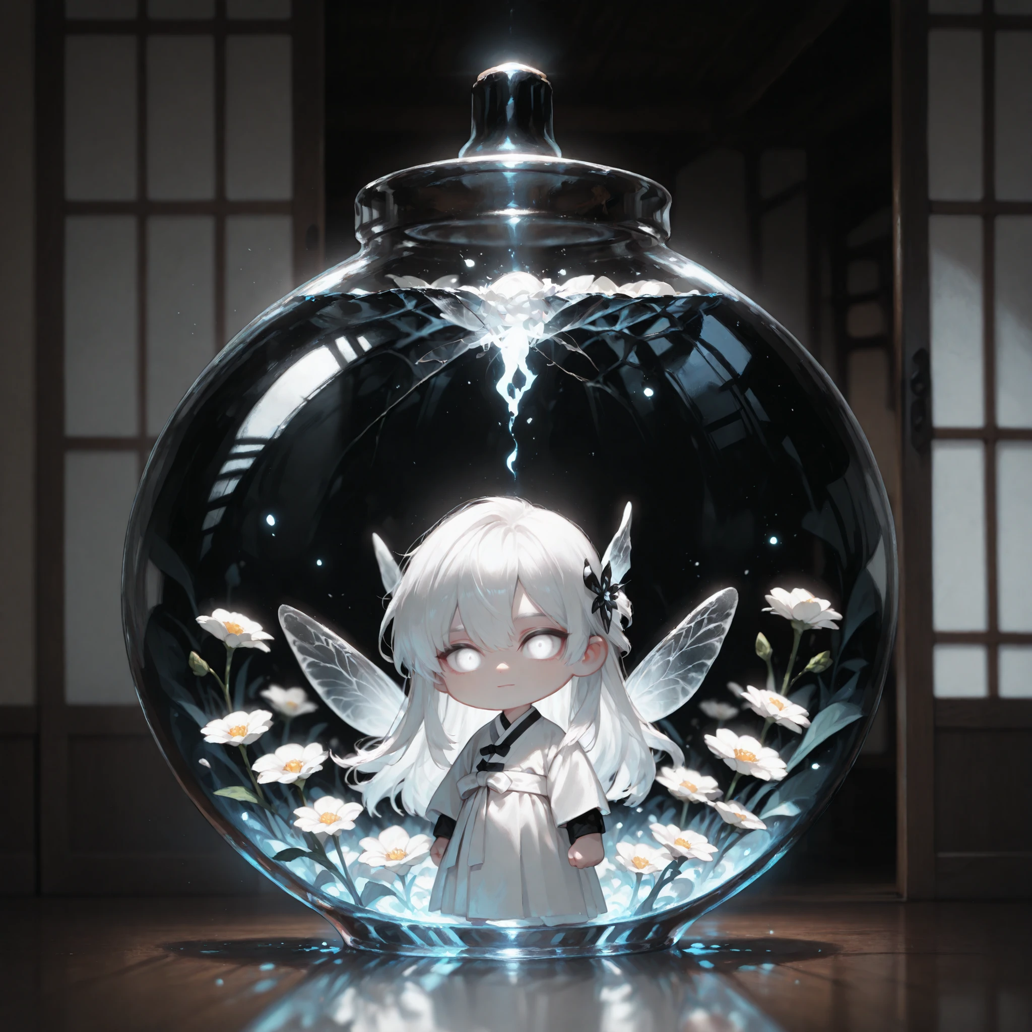 (masterpiece, high quality, ultra-detailed), chibi, solo, 1 boy, close-up, cinematic lighting, dramatic,
male fairy, handsome, long hair, hip-length hair, white hair, white eyes with deep gray outlines, detailed eyes, soft smile, traditional korean male outfit, white hanbok with black point, a rare mythical white flower with small glowing, Gypsophila like flowers,
Inside a sealed transparent round glass bottle, glowing liquid inside, Fairy in a bottle
Background is oriental sliding door