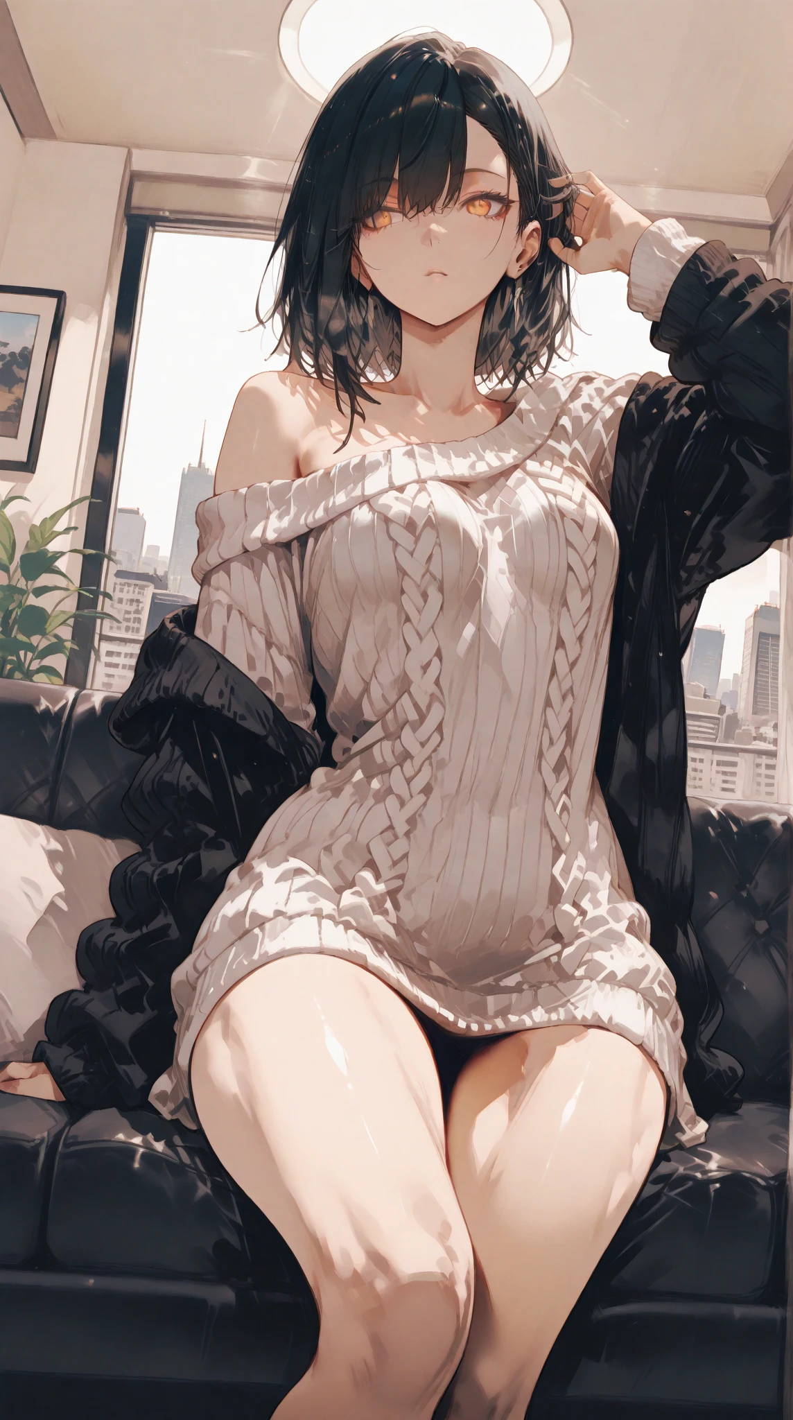 ((((highest quality))))、(((Ultra-precision CG16K wallpaper)))、(((masterpiece)))、(((Super detailed)))、(((Extreme detail)))、((1Mature 24 year old woman:1.3))、((Very beautiful Japanese faces))、((Shiraishi Mai:1.3))、((Soft Wave Medium Hair、blunt bangs:1.5))、(Shiny brown hair)、Beautiful delicate eyes、Brown eyes、High nose、Small nostrils、Small Mouth、Seductive lips、Beautiful breasts、((C cup size breasts))、Cleavage、Voluptuous body、Perfect proportions、Perfect Anatomy、Perfect composition、Beautiful detailed shading、Beautiful, natural lighting、Beautiful detail glow、Depth of written boundary、(((High chroma)))、(((Real:1.9)))、((vivid:1.5))、((Beautiful Skin))、((Skin Texture))、((Realな皮膚感))、(((Cowboy Shot:1.6)))、((Front view、Front low angle:1.5))、((Shy laugh:1.5))、(The woman is facing this way:1.5)、Bright daylight、Natural light、(((Princess bed room、Foliage plant:1.5)))、(Standing pose:1.5)、(((Grey virgin-killing sweater:1.6)))、((Earrings、Wearing a necklace:1.3))、